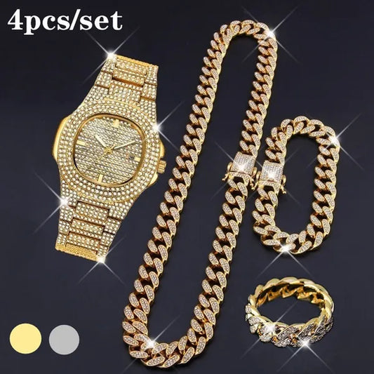 Iced Out Watch 18K Gold Diamond Miami Cuban Chain Link Choker Hip Hop Jewelry Gold Chain for Men Necklace Bracelet Ring Set