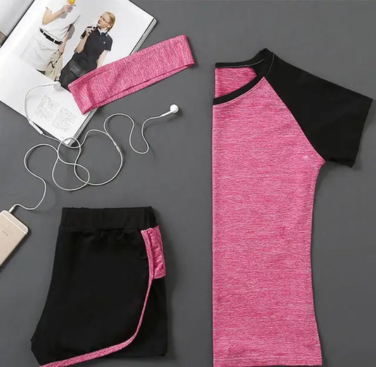 3 Pcs Quick Drying Womens Yoga Sets Tops T Shirts/Shorts/Headband Female Fittness Gym Clothes Outfits Short Sleeves DBO